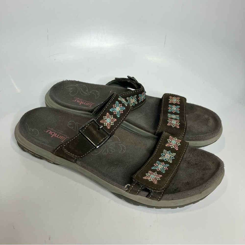 Jambu‎ Adventure designs sandals slides brown Leather embroidered women's size 9
